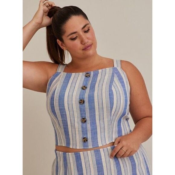 Torrid Linen Blend Button Front Crop Tank Multi Stripe Blue size 1/ XL - Picture 1 of 5